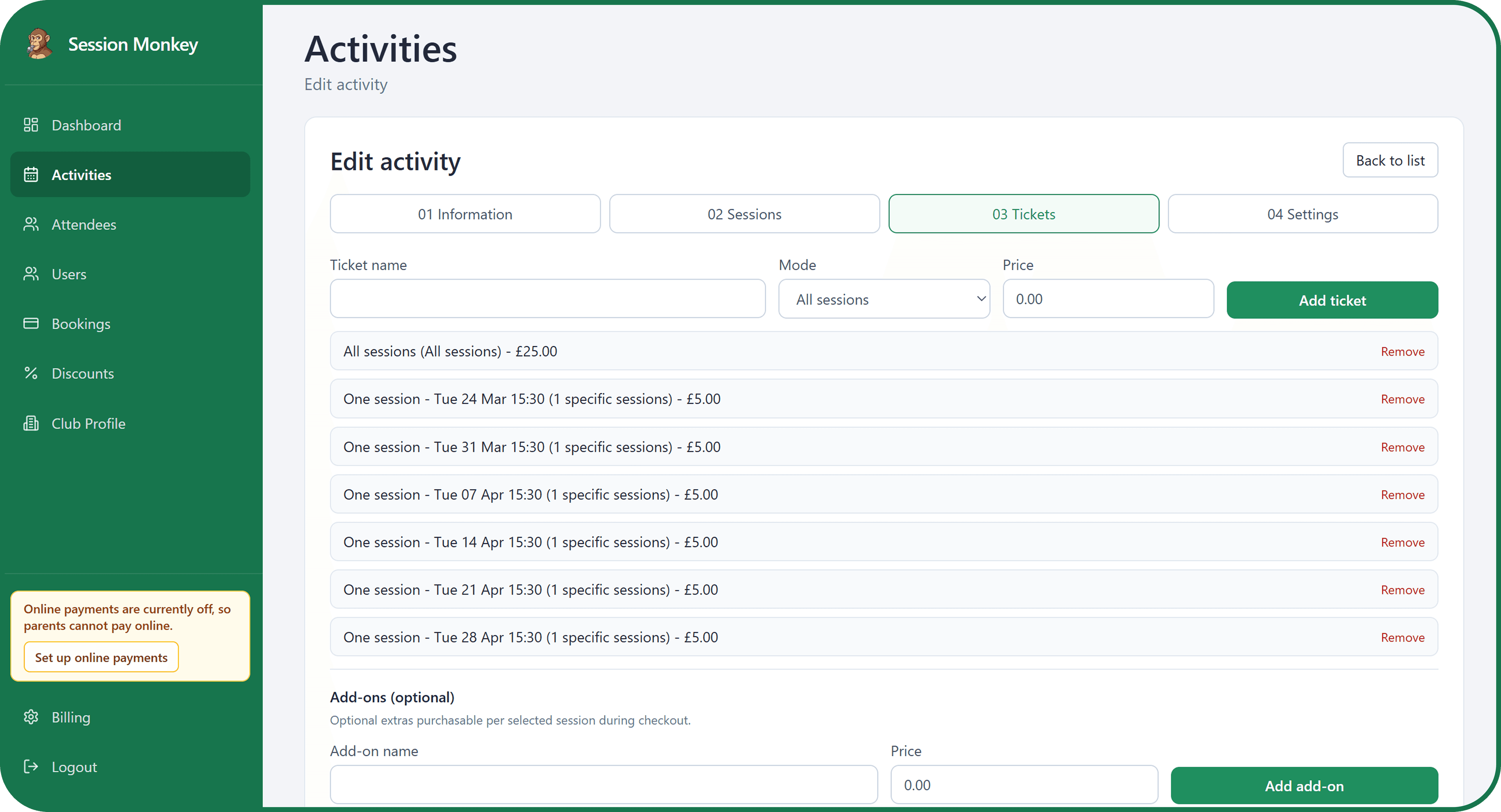 Session Monkey activity settings screen for gymnastics class setup