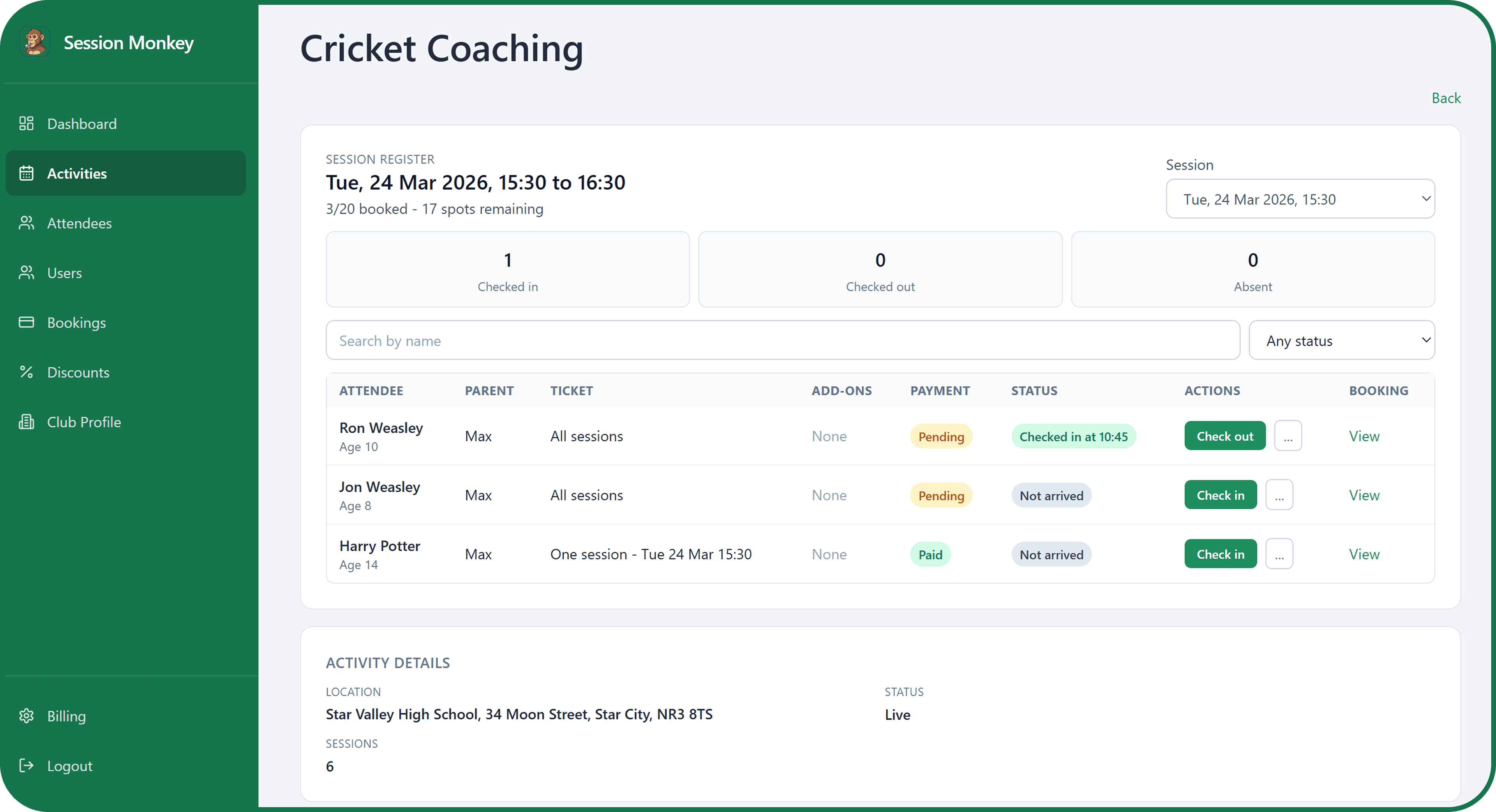 Session Monkey admin page for bookings and class management