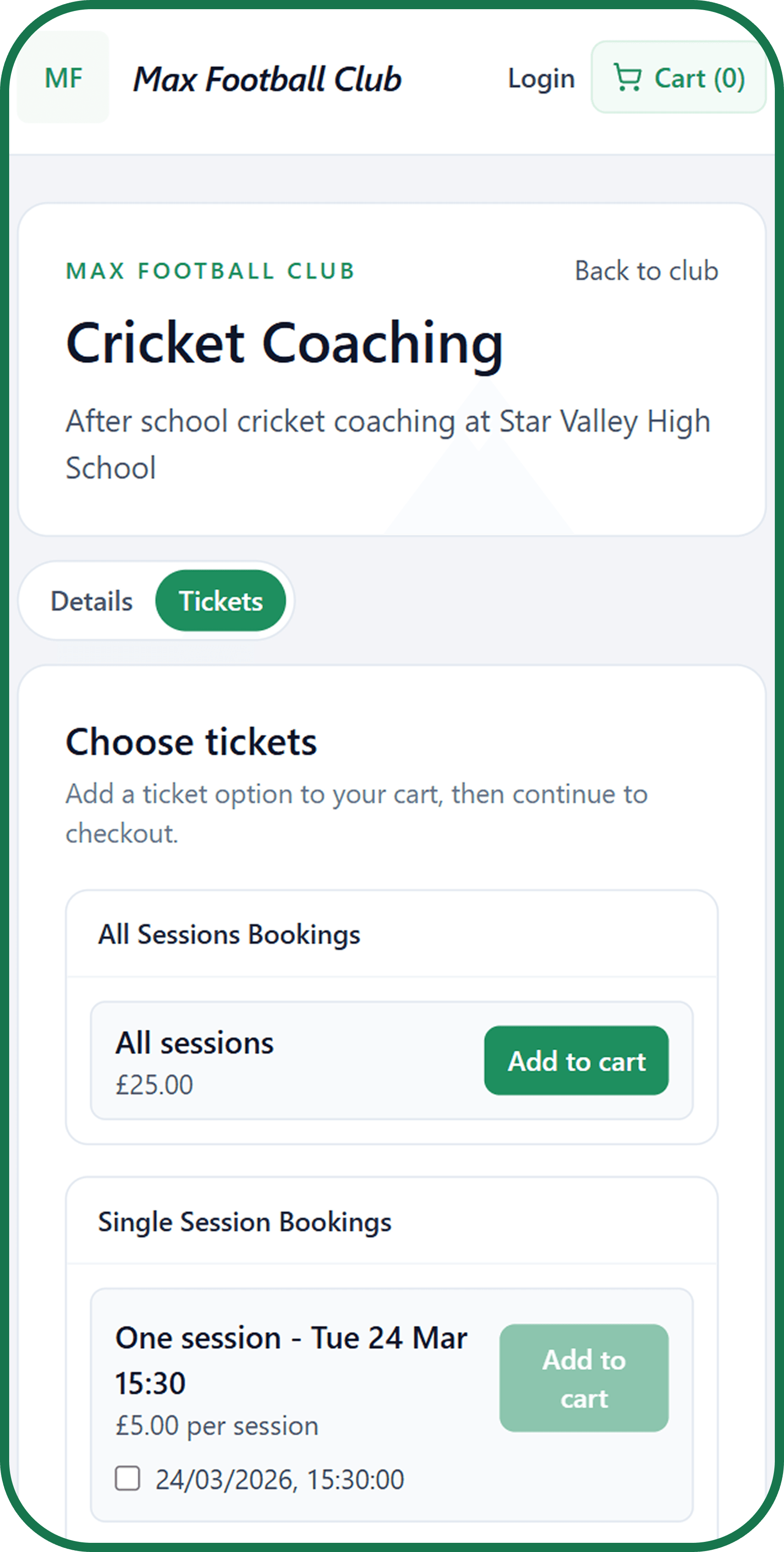 Session Monkey mobile booking flow for a gymnastics class